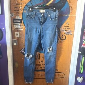 Free People Blue Skinny Jeans with Distressed Whiskering